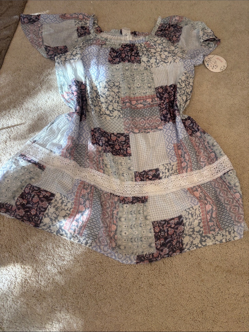 Patchwork Lace-Trim Midi Dress in Light Blue & Pink